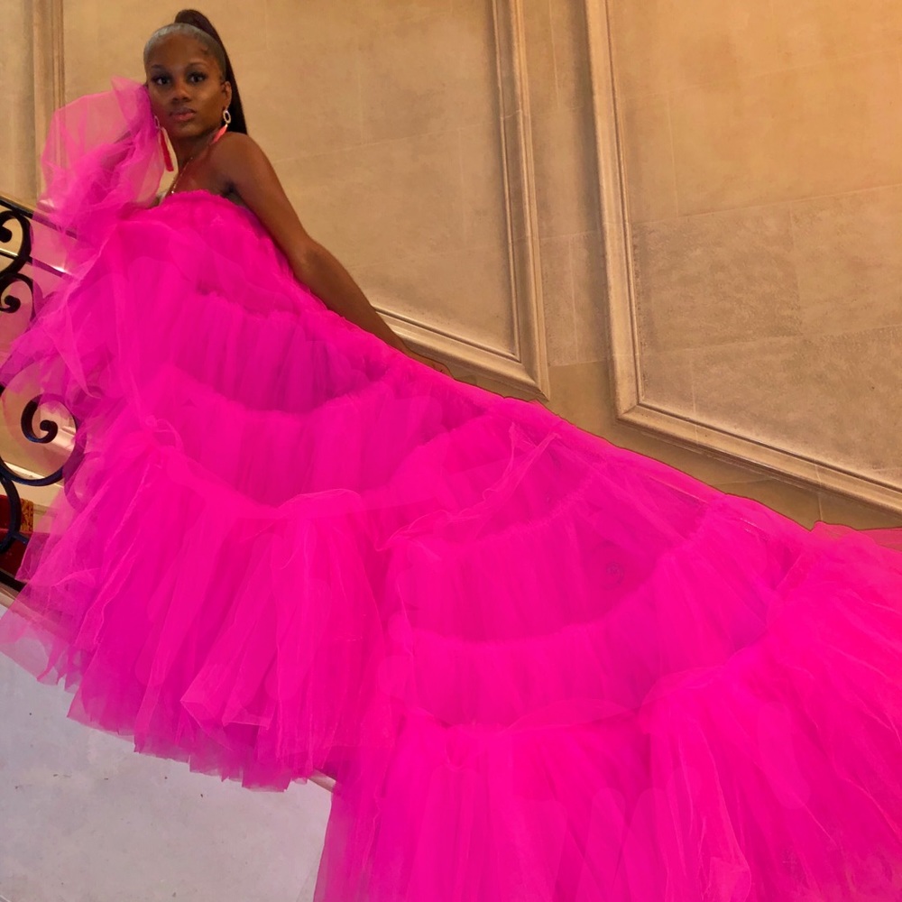 Hot pink fluffy dress.